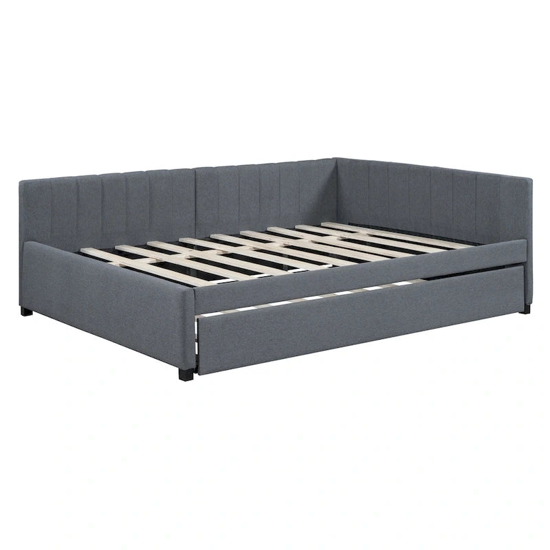 Lit de repos rembourré en lin gris grand format avec lit gigogne double – 2 places