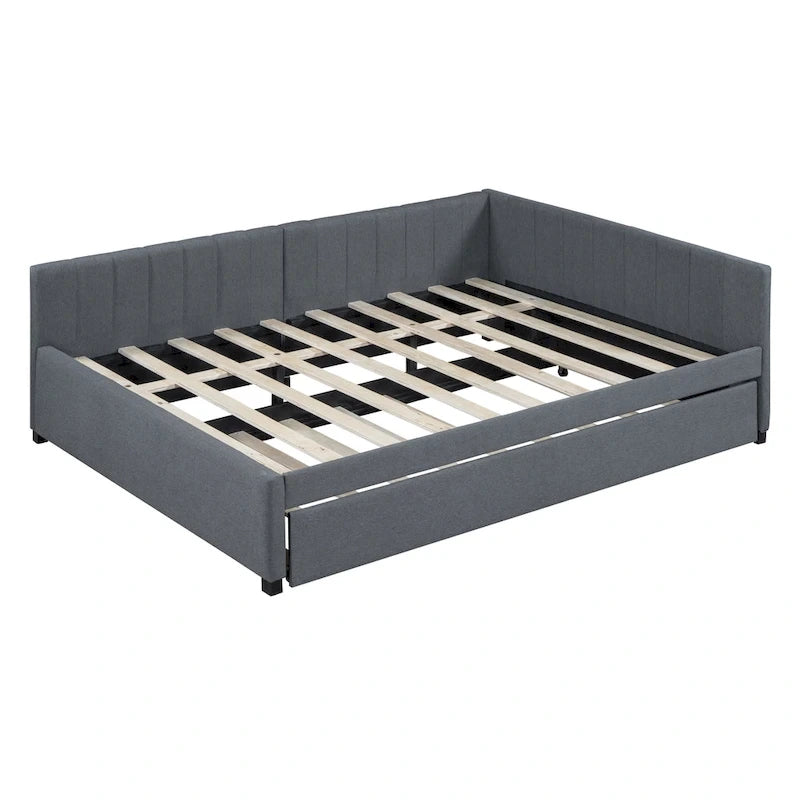 Lit de repos rembourré en lin gris grand format avec lit gigogne double – 2 places