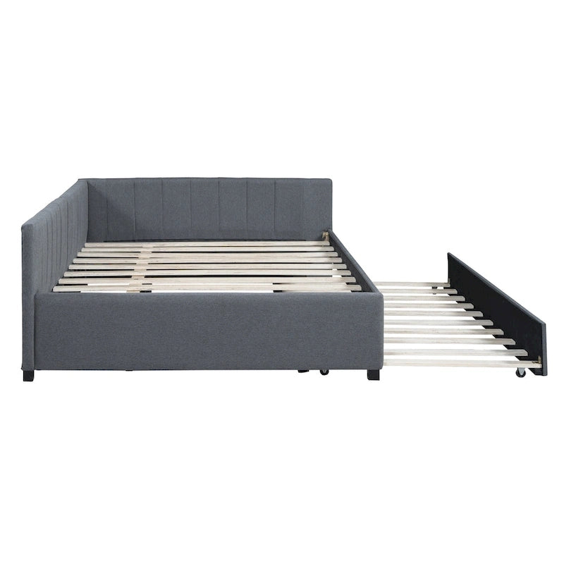 Lit de repos rembourré en lin gris grand format avec lit gigogne double – 2 places