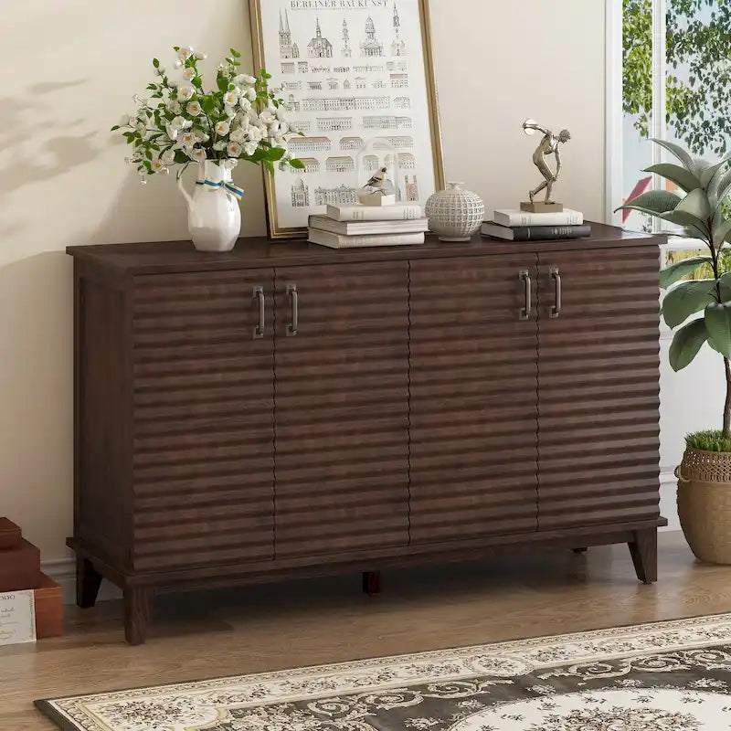 Buffet 4 portes style rétro gris antique / espresso / bleu marine avec étagères réglables et poignées métalliques – Simple