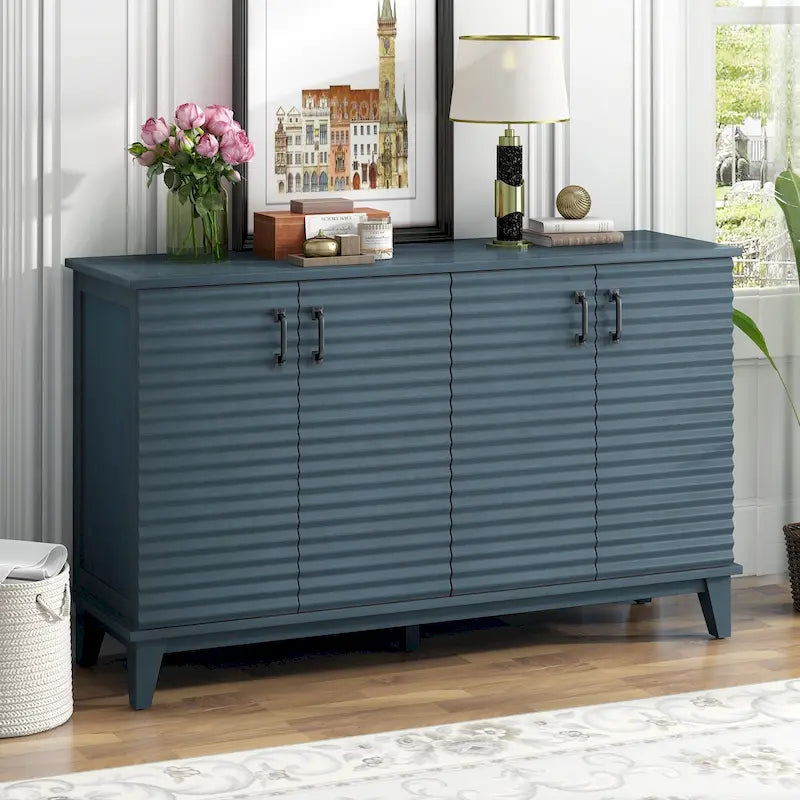 Buffet 4 portes style rétro gris antique / espresso / bleu marine avec étagères réglables et poignées métalliques – Simple