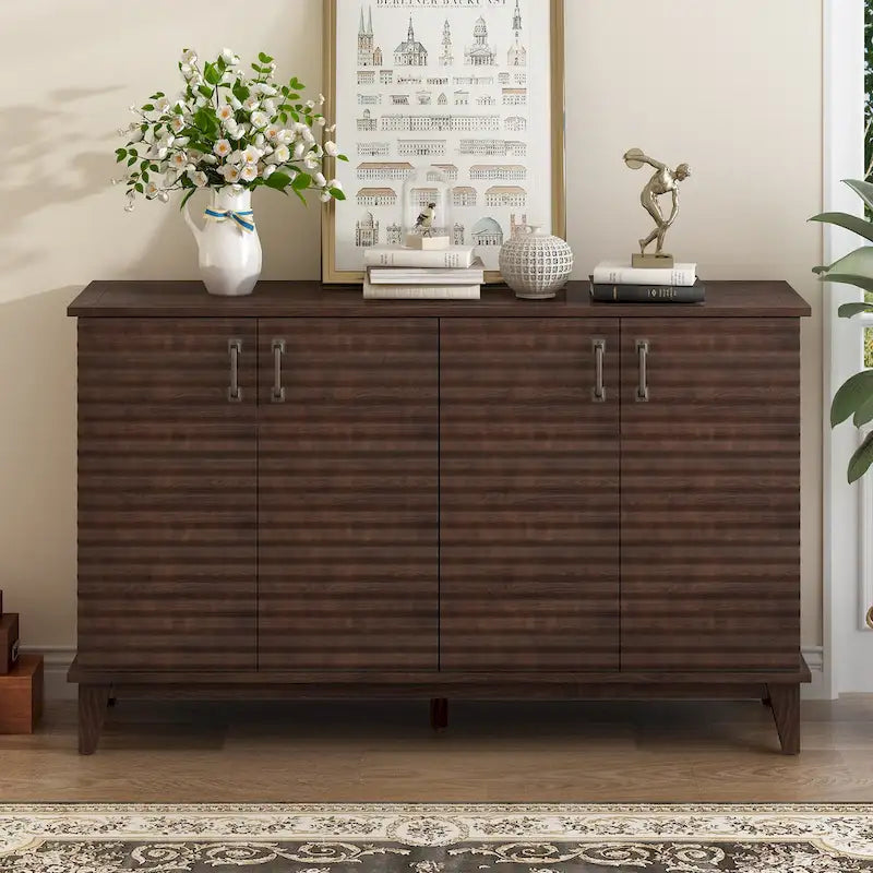 Buffet 4 portes style rétro gris antique / espresso / bleu marine avec étagères réglables et poignées métalliques – Simple