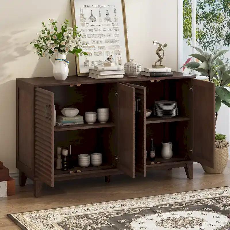 Buffet 4 portes style rétro gris antique / espresso / bleu marine avec étagères réglables et poignées métalliques – Simple