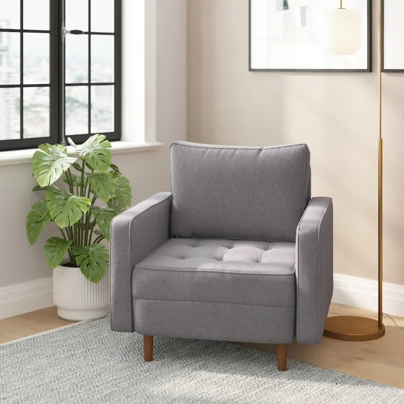 Fauteuil rembourré du milieu du siècle en similicuir gris foncé/gris ardoise avec pieds en bois massif – Simple