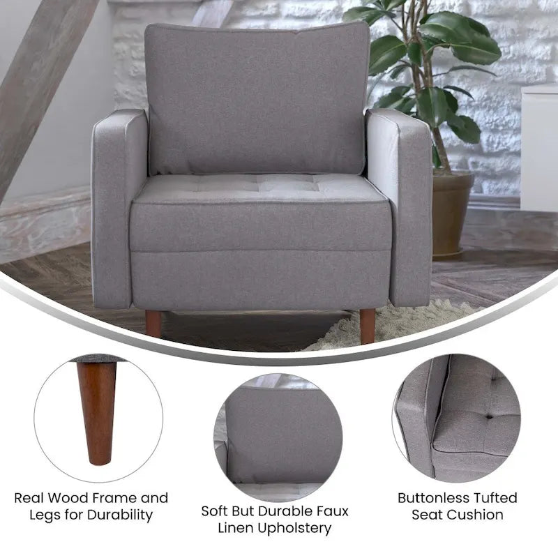 Fauteuil rembourré du milieu du siècle en similicuir gris foncé/gris ardoise avec pieds en bois massif – Simple