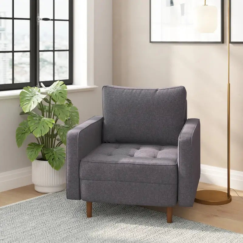 Fauteuil rembourré du milieu du siècle en similicuir gris foncé/gris ardoise avec pieds en bois massif – Simple