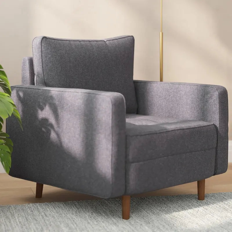 Fauteuil rembourré du milieu du siècle en similicuir gris foncé/gris ardoise avec pieds en bois massif – Simple