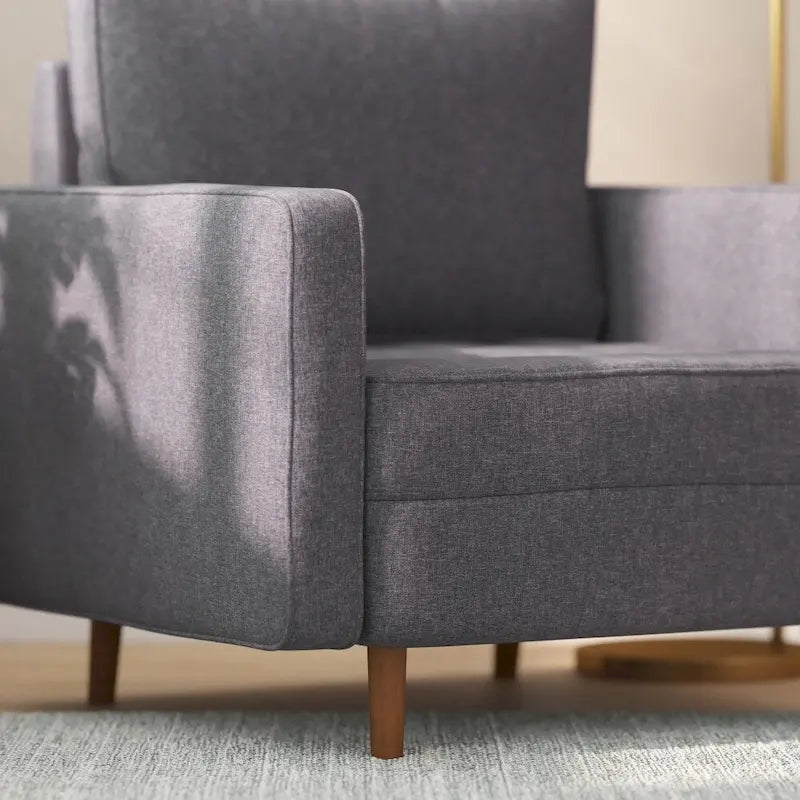 Fauteuil rembourré du milieu du siècle en similicuir gris foncé/gris ardoise avec pieds en bois massif – Simple