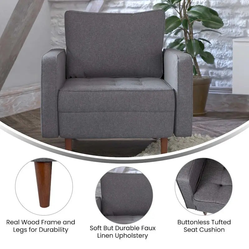Fauteuil rembourré du milieu du siècle en similicuir gris foncé/gris ardoise avec pieds en bois massif – Simple