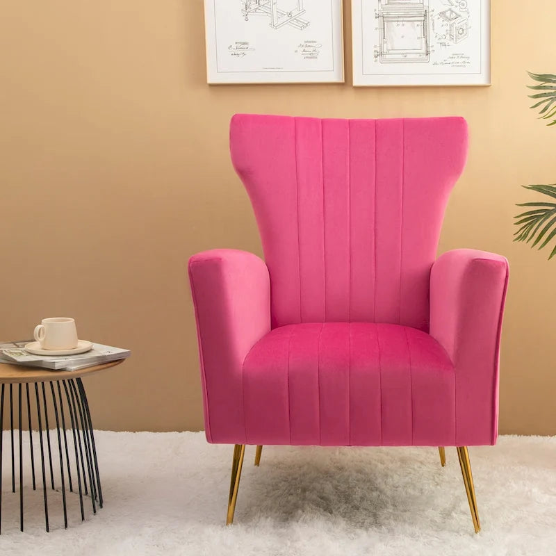 Fauteuil d'appoint dossier capitonné en velours rose / jaune / vert / blanc / rouge rosé avec pieds dorés – Individuel