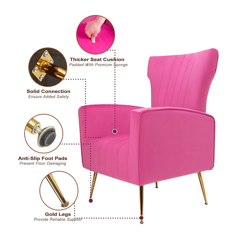 Fauteuil d'appoint dossier capitonné en velours rose / jaune / vert / blanc / rouge rosé avec pieds dorés – Individuel