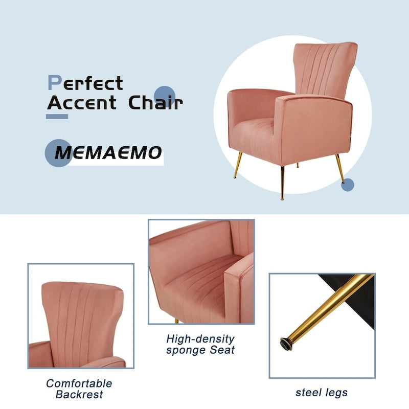 Fauteuil d'appoint dossier capitonné en velours rose / jaune / vert / blanc / rouge rosé avec pieds dorés – Individuel