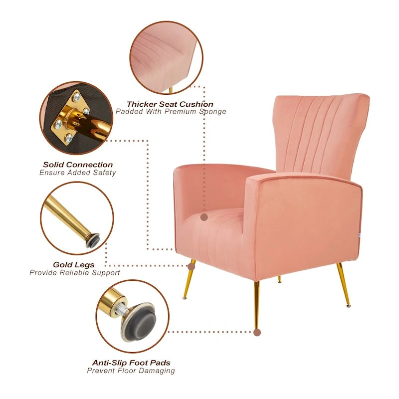 Fauteuil d'appoint dossier capitonné en velours rose / jaune / vert / blanc / rouge rosé avec pieds dorés – Individuel