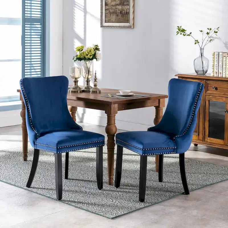 Chaise de salle à manger à dossier haut en velours (bleu/noir/doré/beige/gris/bleu clair) avec clous décoratifs – à l'unité