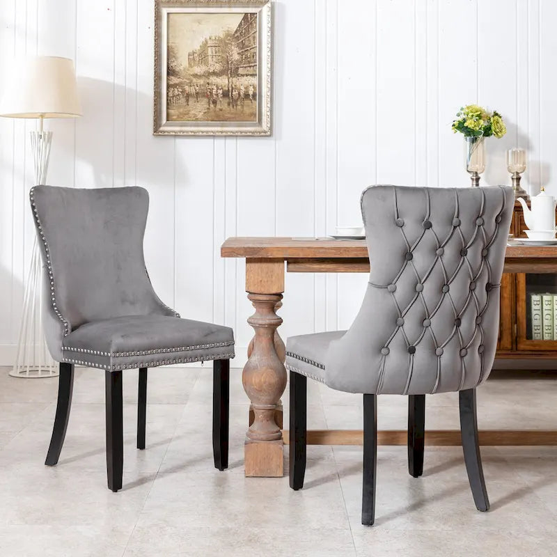 Chaise de salle à manger à dossier haut en velours (bleu/noir/doré/beige/gris/bleu clair) avec clous décoratifs – à l'unité
