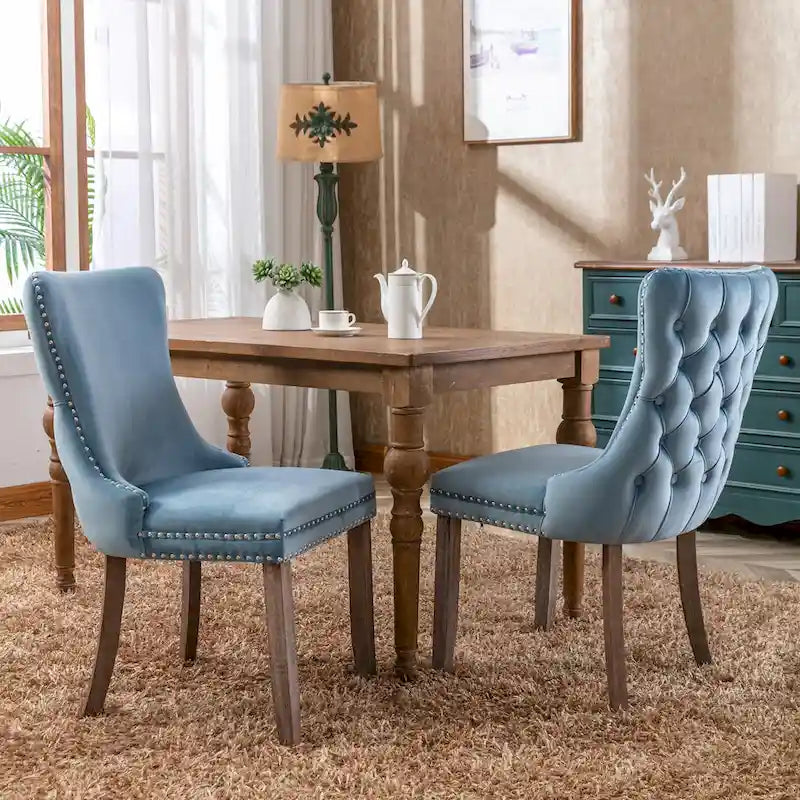 Chaise de salle à manger à dossier haut en velours (bleu/noir/doré/beige/gris/bleu clair) avec clous décoratifs – à l'unité