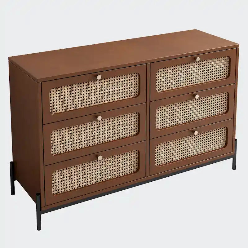 Commode à 6 tiroirs en noyer/rotin noir avec pieds en métal et boutons ronds – Simple