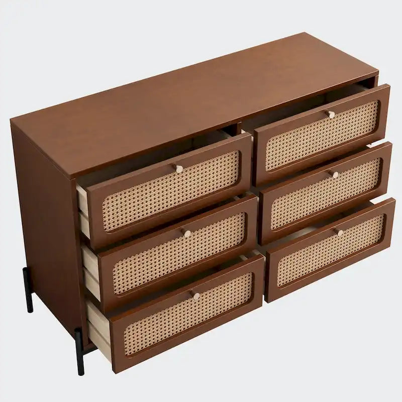 Commode à 6 tiroirs en noyer/rotin noir avec pieds en métal et boutons ronds – Simple