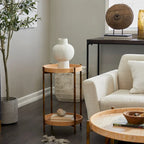 Table d'appoint à deux niveaux en rotin marron avec pieds en métal style bambou – Simple