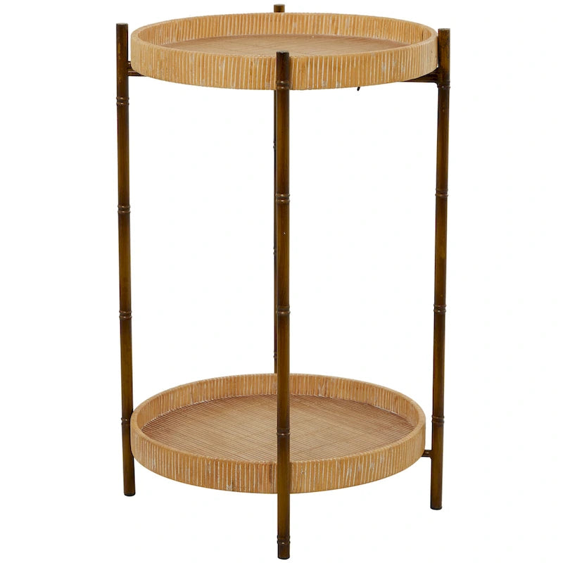 Table d'appoint à deux niveaux en rotin marron avec pieds en métal style bambou – Simple