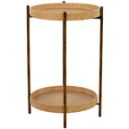 Table d'appoint à deux niveaux en rotin marron avec pieds en métal style bambou – Simple