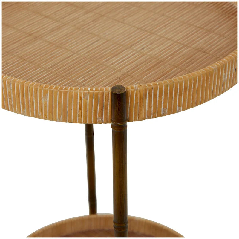 Table d'appoint à deux niveaux en rotin marron avec pieds en métal style bambou – Simple