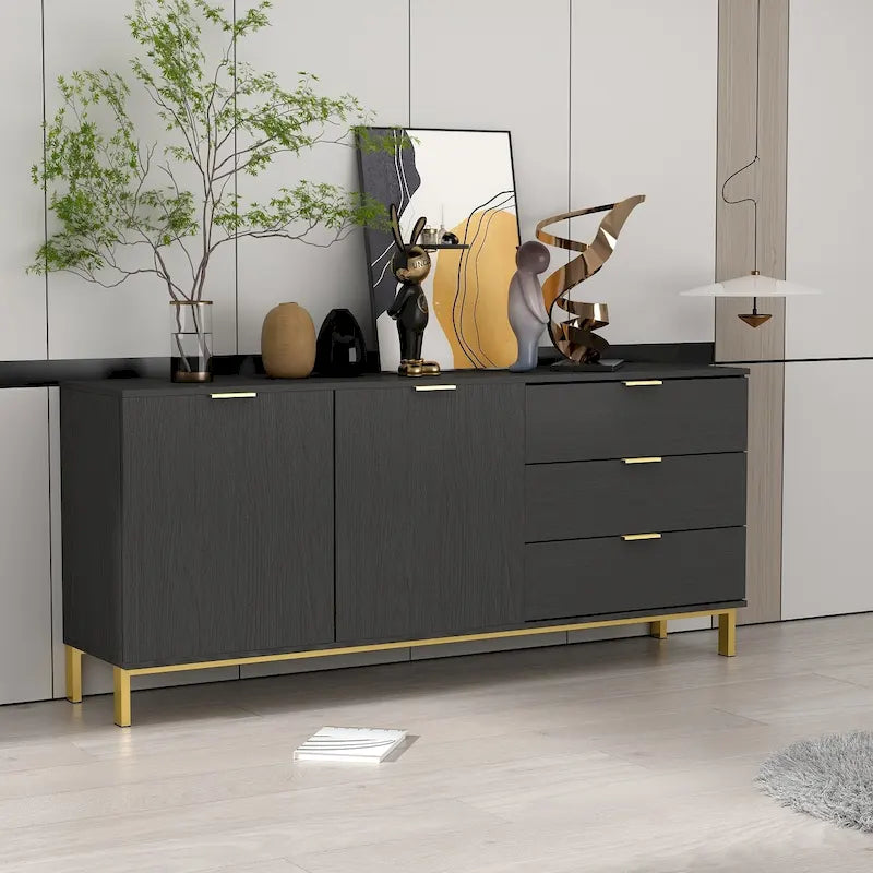 Commode moderne milieu de siècle noir/blanc avec 3 tiroirs, meuble de rangement et pieds dorés – Simple