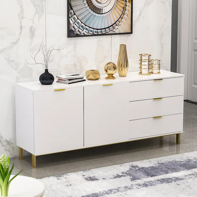 Commode moderne milieu de siècle noir/blanc avec 3 tiroirs, meuble de rangement et pieds dorés – Simple