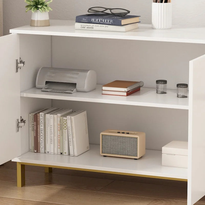 Commode moderne milieu de siècle noir/blanc avec 3 tiroirs, meuble de rangement et pieds dorés – Simple