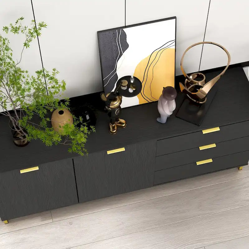 Commode moderne milieu de siècle noir/blanc avec 3 tiroirs, meuble de rangement et pieds dorés – Simple