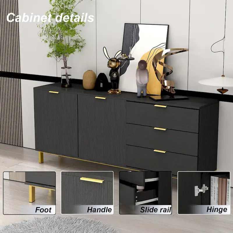 Commode moderne milieu de siècle noir/blanc avec 3 tiroirs, meuble de rangement et pieds dorés – Simple
