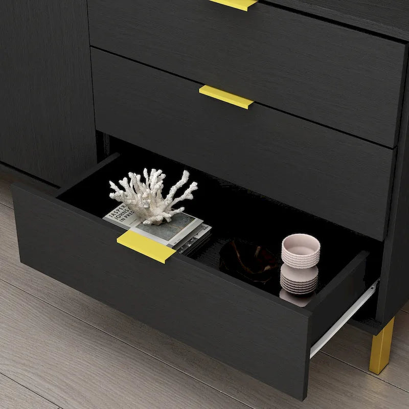 Commode moderne milieu de siècle noir/blanc avec 3 tiroirs, meuble de rangement et pieds dorés – Simple