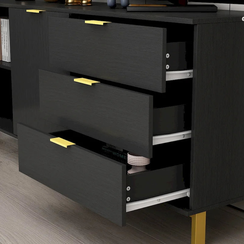 Commode moderne milieu de siècle noir/blanc avec 3 tiroirs, meuble de rangement et pieds dorés – Simple