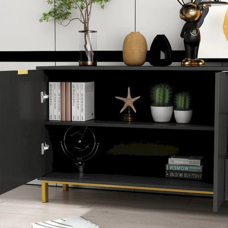 Commode moderne milieu de siècle noir/blanc avec 3 tiroirs, meuble de rangement et pieds dorés – Simple
