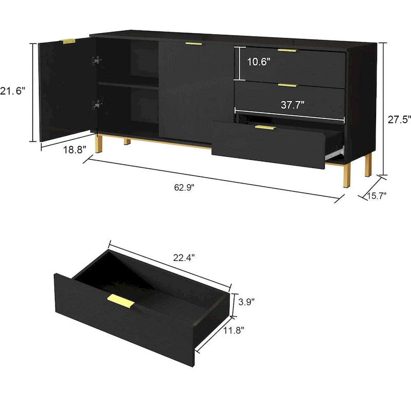 Commode moderne milieu de siècle noir/blanc avec 3 tiroirs, meuble de rangement et pieds dorés – Simple