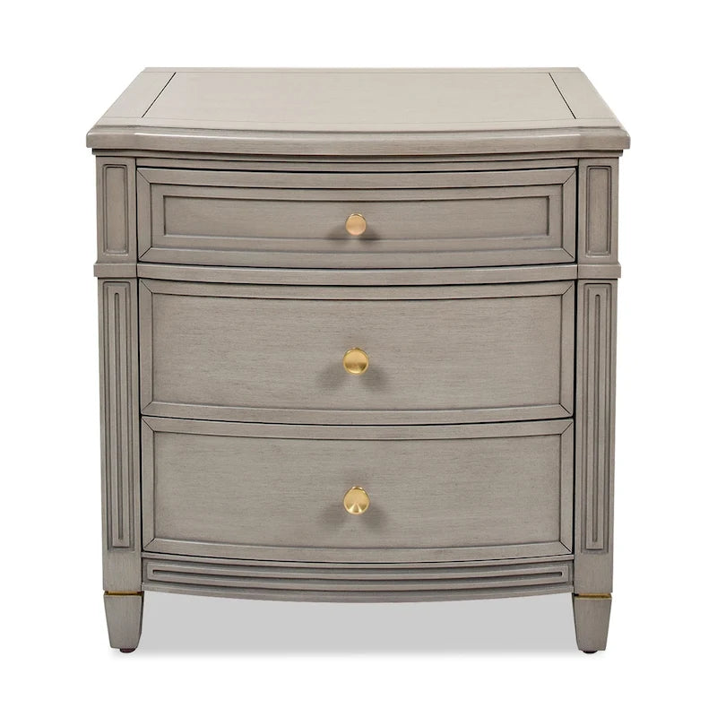 Table d'appoint à 3 tiroirs en hévéa massif, gris et blanc, avec pieds coniques et poignées dorées satinées – Une unité