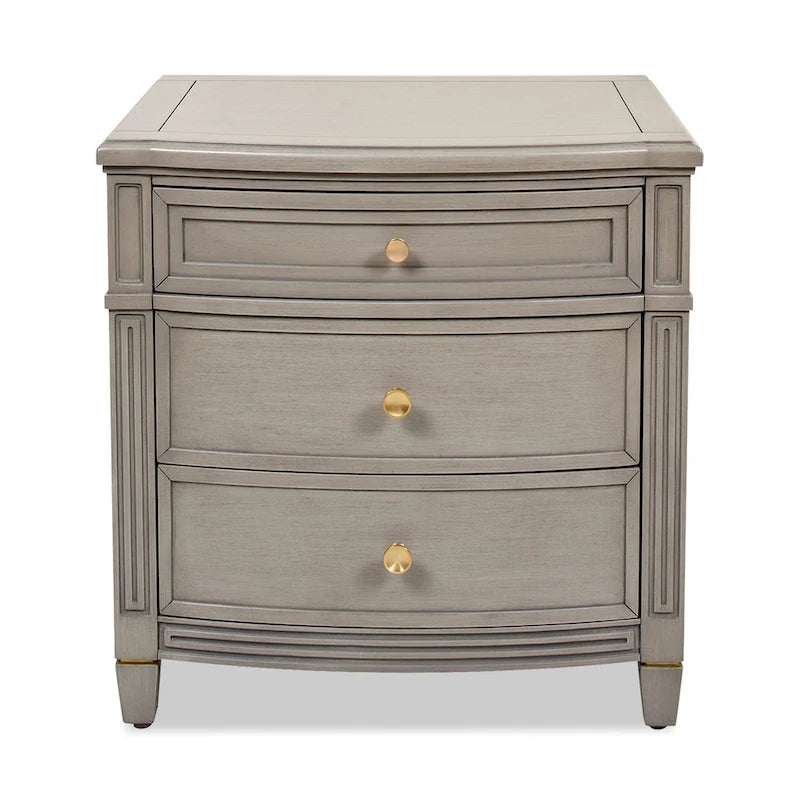 Table d'appoint à 3 tiroirs en hévéa massif, gris et blanc, avec pieds coniques et poignées dorées satinées – Une unité