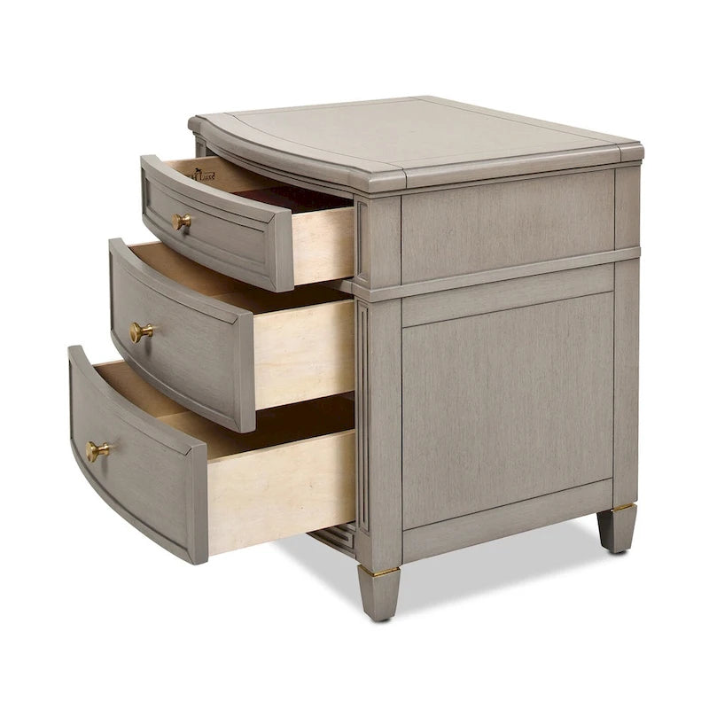 Table d'appoint à 3 tiroirs en hévéa massif, gris et blanc, avec pieds coniques et poignées dorées satinées – Une unité