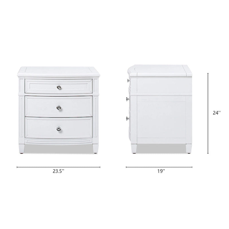 Table d'appoint à 3 tiroirs en hévéa massif, gris et blanc, avec pieds coniques et poignées dorées satinées – Une unité