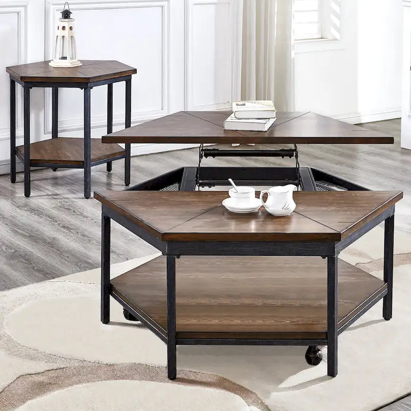 Table basse relevable hexagonale en placage de frêne moka marron avec base en fer, étagère inférieure et roulettes – Unité unique