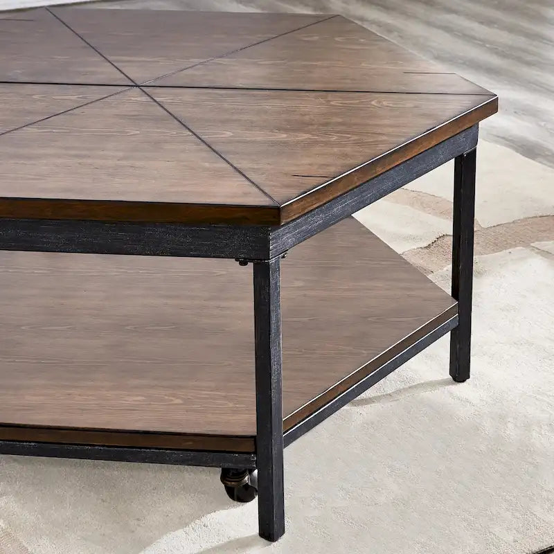 Table basse relevable hexagonale en placage de frêne moka marron avec base en fer, étagère inférieure et roulettes – Unité unique