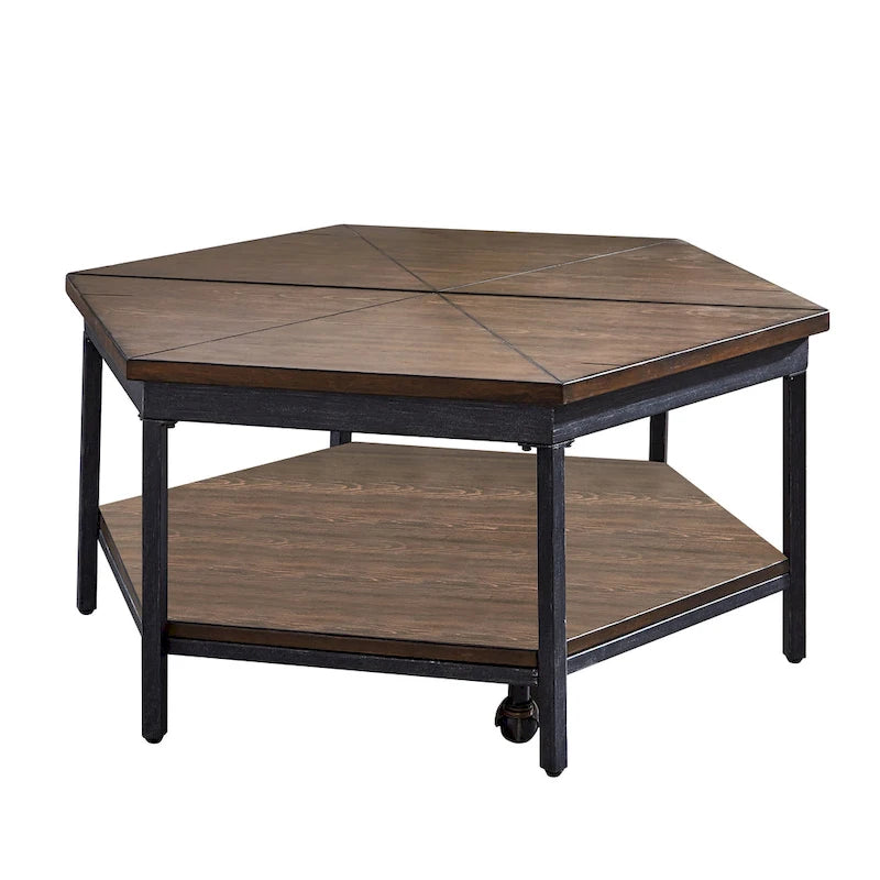Table basse relevable hexagonale en placage de frêne moka marron avec base en fer, étagère inférieure et roulettes – Unité unique