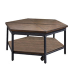 Table basse relevable hexagonale en placage de frêne moka marron avec base en fer, étagère inférieure et roulettes – Unité unique