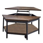 Table basse relevable hexagonale en placage de frêne moka marron avec base en fer, étagère inférieure et roulettes – Unité unique