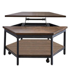 Table basse relevable hexagonale en placage de frêne moka marron avec base en fer, étagère inférieure et roulettes – Unité unique
