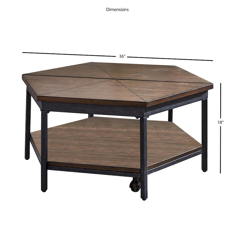 Table basse relevable hexagonale en placage de frêne moka marron avec base en fer, étagère inférieure et roulettes – Unité unique