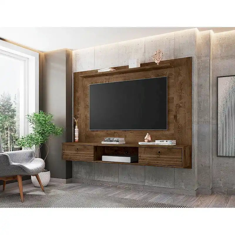Meuble TV mural flottant de style rustique marron/blanc/noir, moderne du milieu du siècle, avec rangement dissimulé – Simple