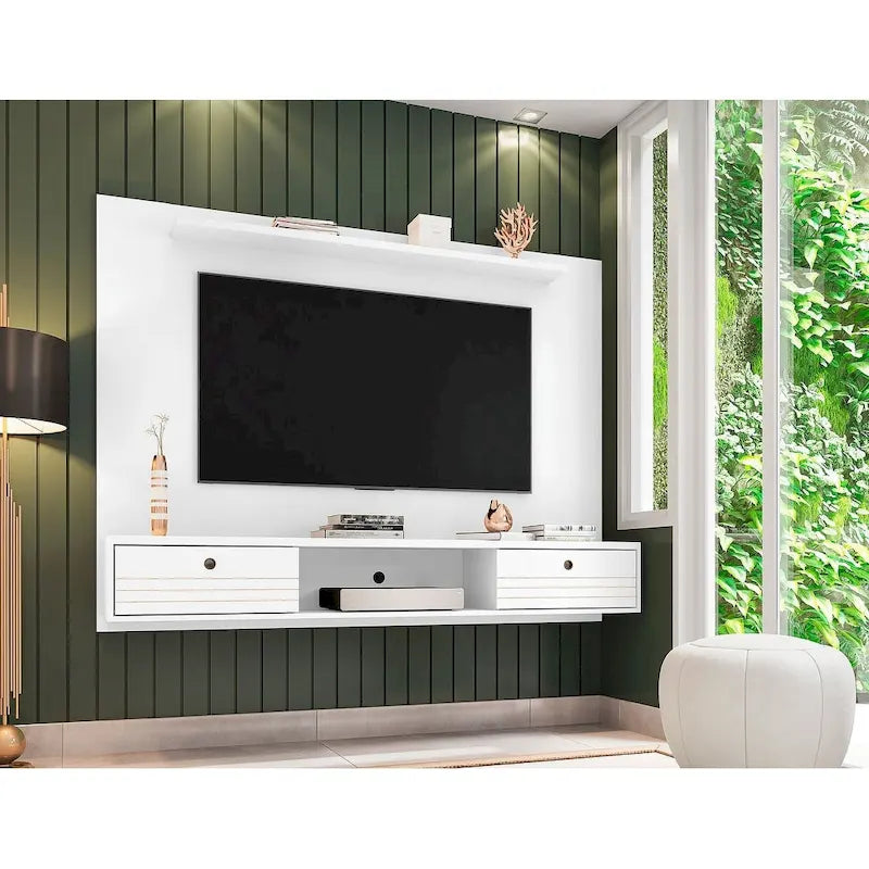 Meuble TV mural flottant de style rustique marron/blanc/noir, moderne du milieu du siècle, avec rangement dissimulé – Simple