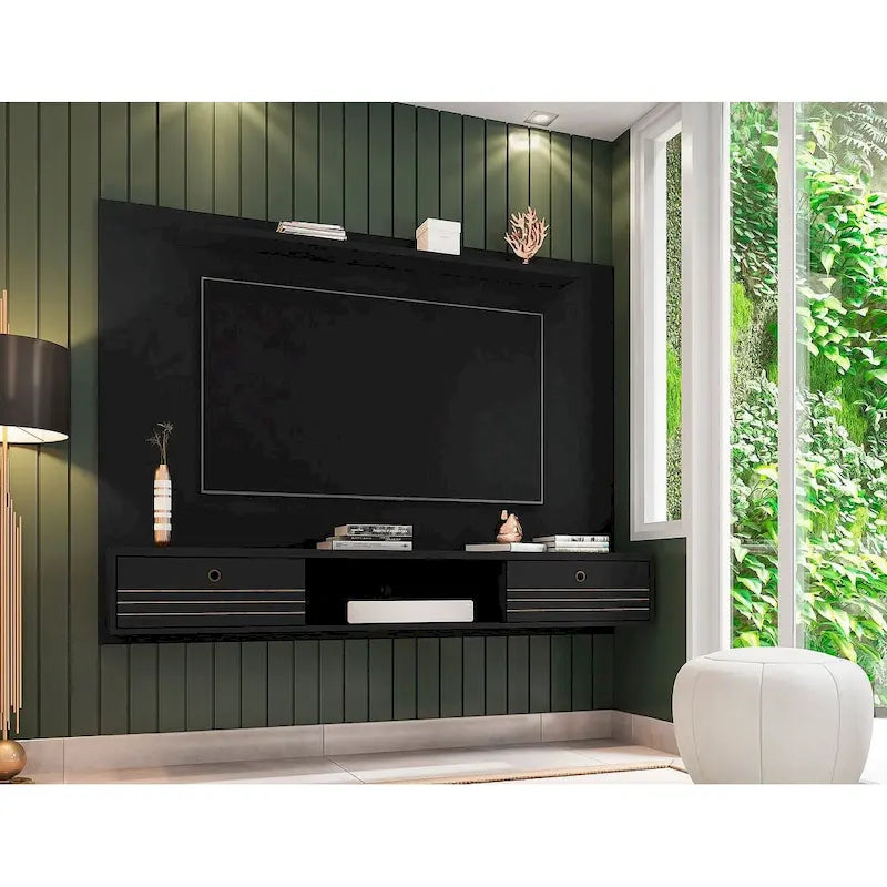 Meuble TV mural flottant de style rustique marron/blanc/noir, moderne du milieu du siècle, avec rangement dissimulé – Simple