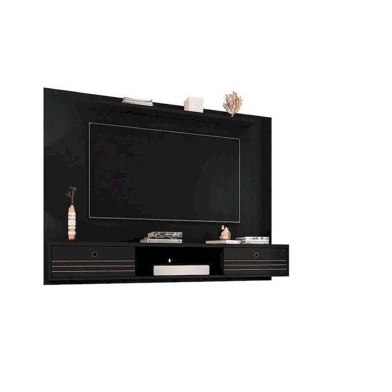 Meuble TV mural flottant de style rustique marron/blanc/noir, moderne du milieu du siècle, avec rangement dissimulé – Simple